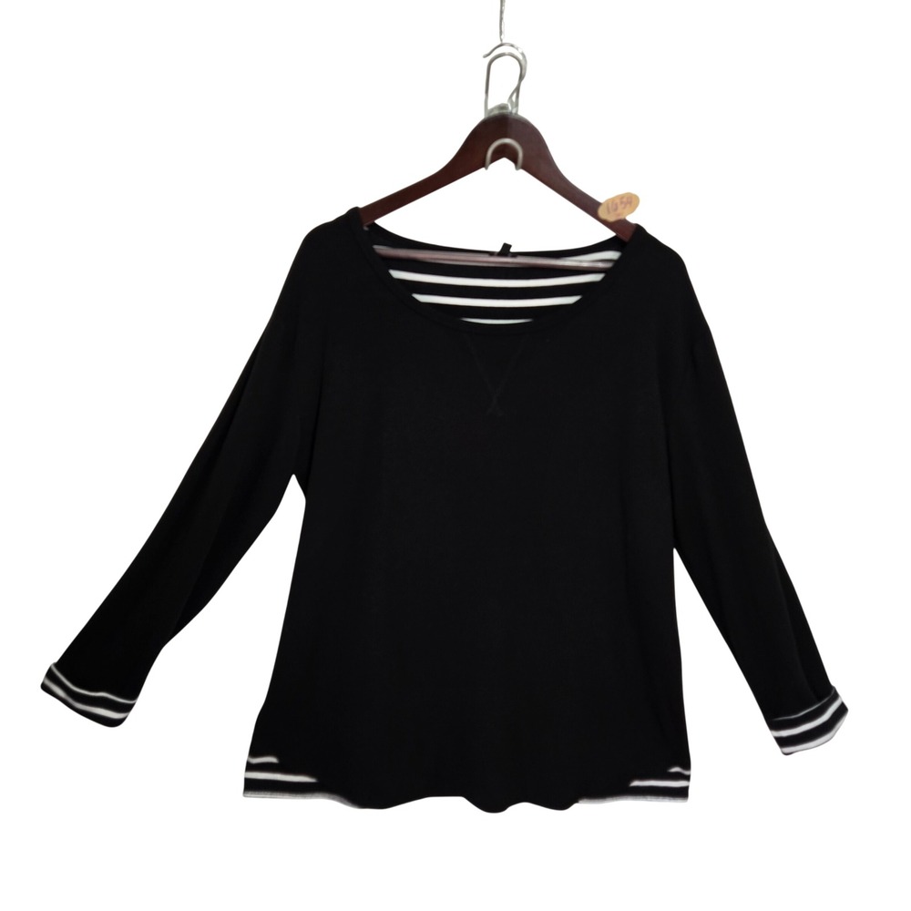 Cable & Gauge Womens XL Black Striped Cuff Hem Long Sleeve Scoop Neck Top